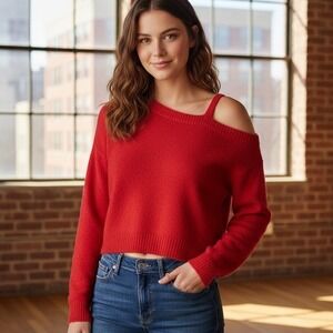 H&M Divided $28 Medium Red One Shoulder Cutout‎ Pullover Cropped Knit Sweater